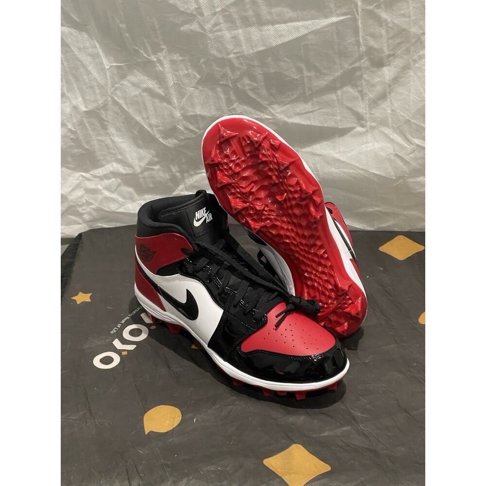 New 12 Nike Air Jordan 1 Mid TD AJ Football Cleats Bred Toe Patent FJ6805-601